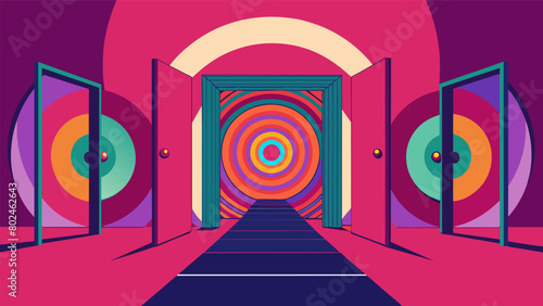 A set of sliding doors leading to a circular room with a large interactive art installation designed to evoke a psychedelic experience..