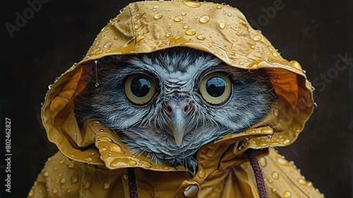   An owl in a yellow raincoat with raindrops on its face and a hood on its head photo