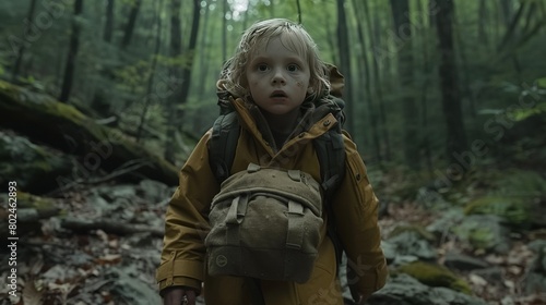  A boy with a knapsack traverses a dense forest, tall blades of grass brushing against his legs as he lifts his gaze towards the lens