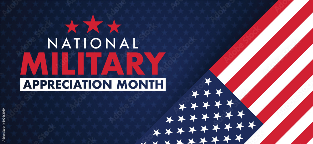 National Military Appreciation Month is celebrated every year in May, Poster, card, banner and background. Vector illustration. banner design with American flag theme and colors, stars, stripes