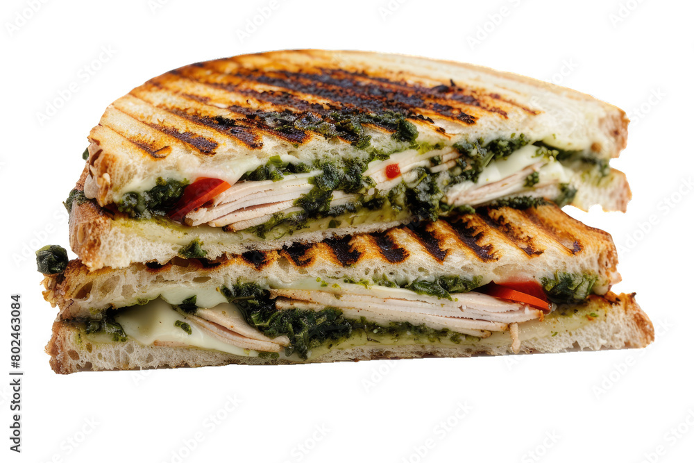 Fresh turkey, mozzarella, and kale pesto panini sandwich, png, isolated against a transparent background