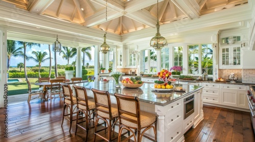 a spacious home kitchen featuring an island  dining table  and chairs  adorned with white cabinets  stainless steel appliances  a grey marble countertop  and warm wood flooring.