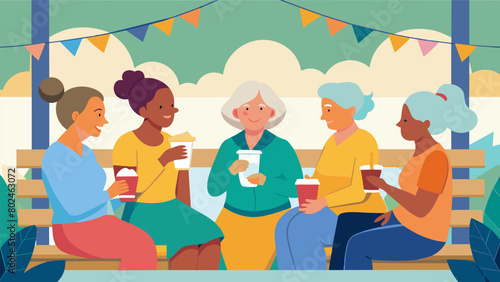 A group of elderly women sitting together on a porch sipping lemonade and sharing stories about their participation in the Civil Rights movement with. Vector illustration