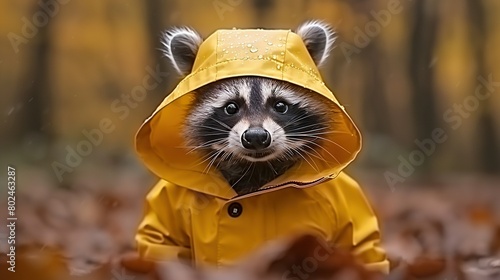  A yellow-raincoated raccoon amidst leafy surroundings and tree backgrounds