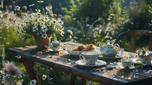 a picturesque scene of a rustic wooden table adorned with wildflowers, delicate china, and an array of farm-fresh cuisine, set against a backdrop of nature's beauty