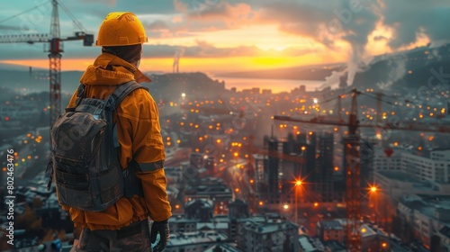 worker using orange jacket looking at a construction photo