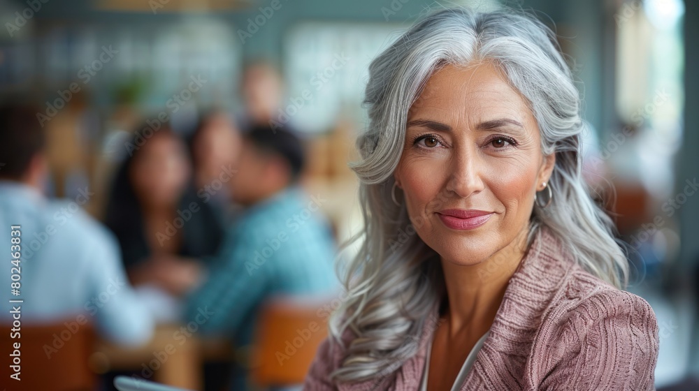 Woman With Grey Hair Sitting in Restaurant