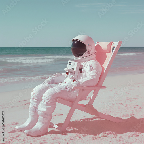 Astronaut relaxing on a beach chair on a sandy beach