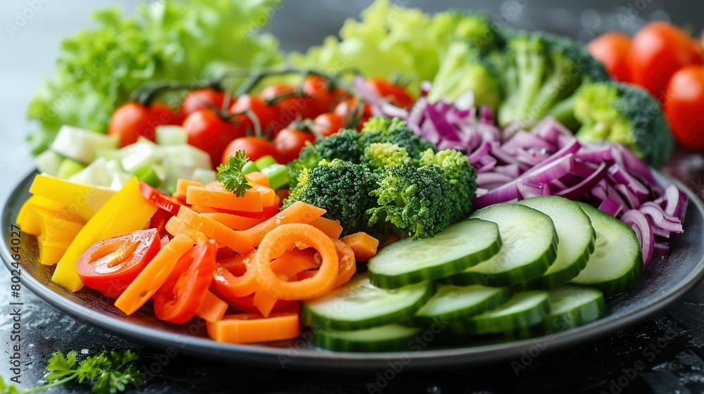 A platter featuring broccoli, carrots, cucumbers, red onions, and broccoli A platter featuring broccoli, carrots, cucumbers, red onions, and broccoli