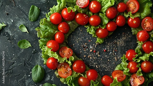   Arrange tomatoes  lettuce shape - Black slate surface  sprinkle decoration