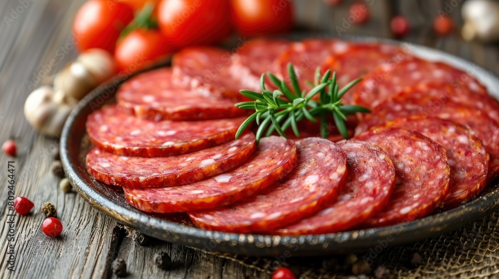 Plate of Salami With Tomatoes and Garlic Plate of Salami With Tomatoes and Garlic