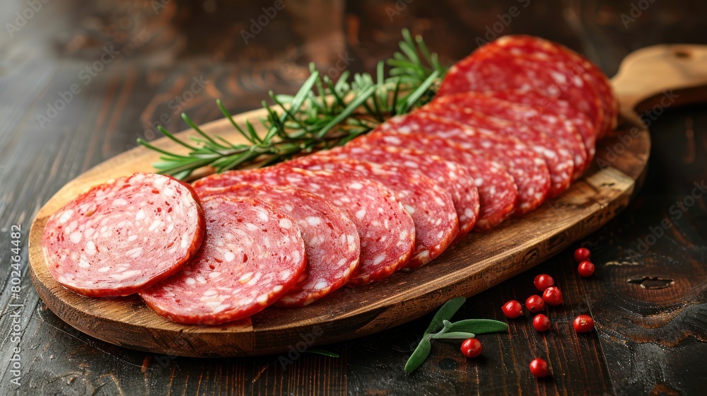 Wooden Cutting Board With Salami Slices Wooden Cutting Board With Salami Slices