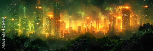 Illustration of Future Cities, City skyline reflecting the sunset devastated by a nuclear explosion A dramatic scene Concept City Destruction Nuclear Explosion Sunset Reflection Dramatic Scene 