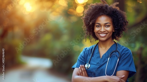 Woman With Stethoscope in Front of Trees photo