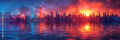 Illustration of Future Cities,
Dystopian Vision A Reflection of Society Against a Fiery Skyline at the Edge of Nightfall
 #802464655