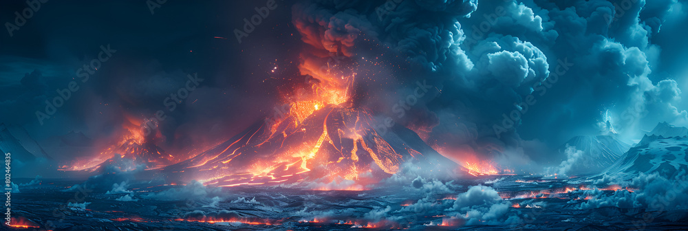 Illustration Volcanic Eruption,
Vulcan island in the ocean with big mountain vulcan mystical night effect
