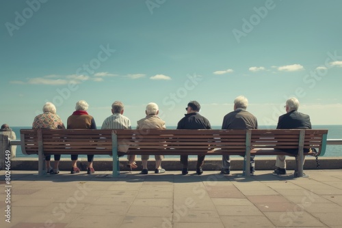 Group of elderly people sitting on a bench on the promenade. photo