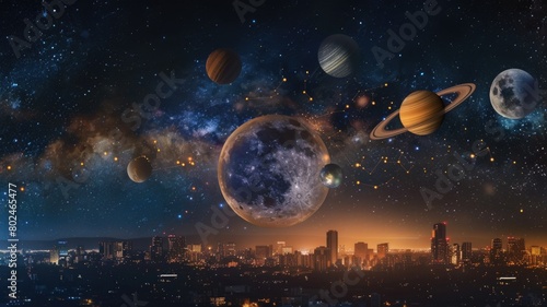 Illustration of key planetary conjunctions of the year, each depicted with the planets involved close together in the sky over a landmark, annotated with dates and observational tips photo