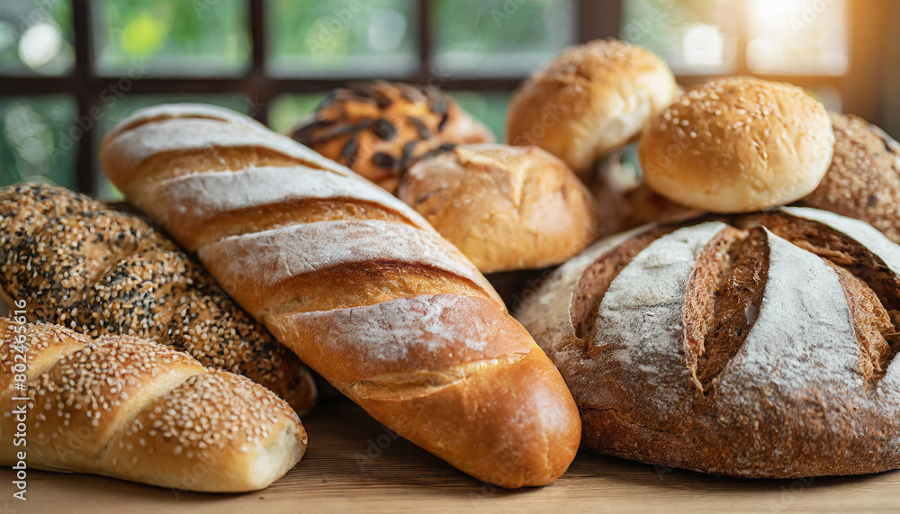 fresh bread loaves and rolls displayed on rustic wooden table in bakery setting fresh bread loaves and rolls displayed on rustic wooden table in bakery setting