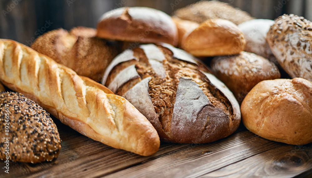 fresh bread loaves and rolls displayed on rustic wooden table in bakery setting fresh bread loaves and rolls displayed on rustic wooden table in bakery setting