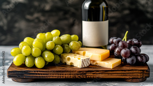 Wine, cheese and grapes on a wooden board on a gray background