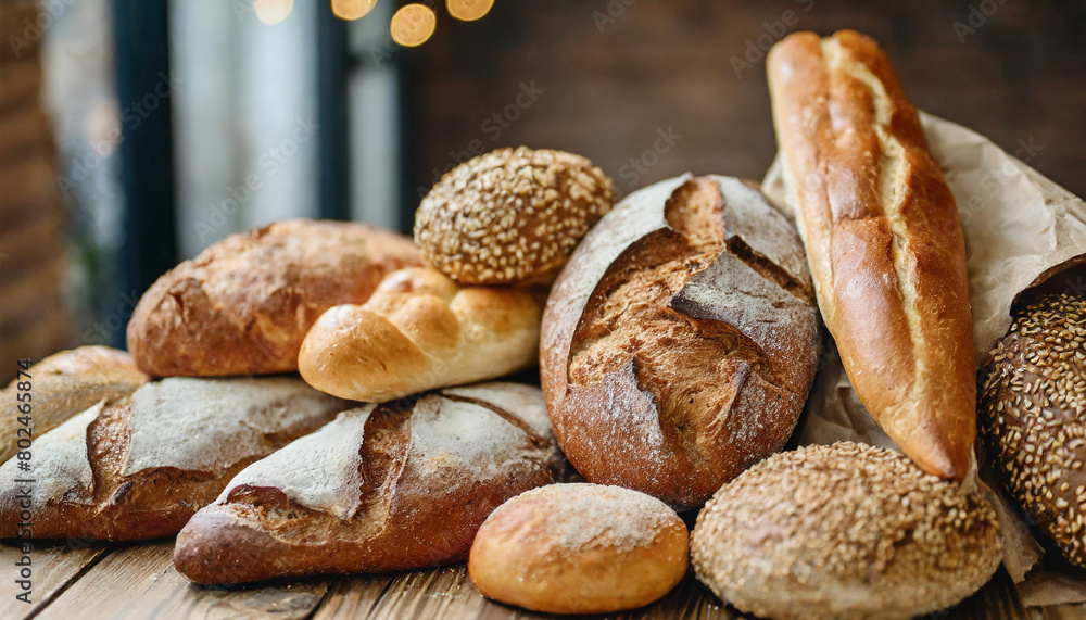 fresh bread loaves and rolls displayed on rustic wooden table in bakery setting