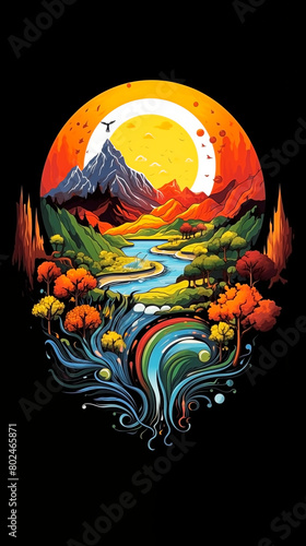 COLORFUL LANDSCAPE ILLUSTRATION WITH MOUNTAINS, RIVERS AND TREES, BLACK BACKGROUND. ENVIRONMENT DAY CONCEPT.