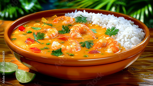 A traditional Brazilian seafood stew, moqueca is made with fish or shrimp, tomatoes, onions, garlic, coconut milk, and palm oil, cooked slowly to develop rich flavors.