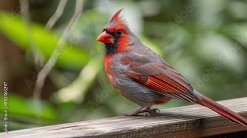 Closeup of a red-crested cardinal bird, sitting on a wooden balcony railing, blurred backdrop, Hawaiian bird photo