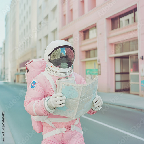 Astronaut Reading a Map in an Urban Setting
