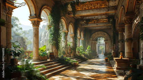 Nature's Embrace: Sunlight Illuminating Ancient Ruins Amidst Lush Forest Canopy
