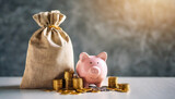 Piggy bank and bag of money with gold coins on blurred background wall, caption space