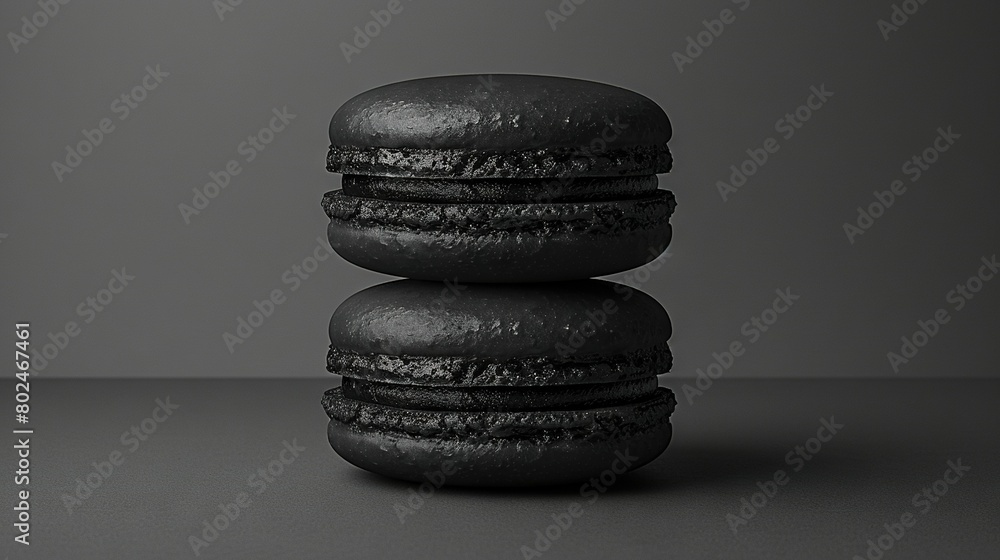 Black Macaroons Stacked on Black Surface with Gray Background Black Macaroons Stacked on Black Surface with Gray Background