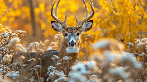 Photo of white-tailed buck in winter habitat with yellow foliage during golden hour lighting photo