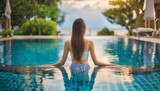 Rear view of slender young Caucasian woman in bralette and thong by pool, evoking beauty and sensuality