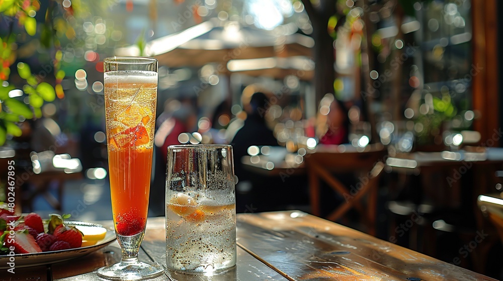   A glass of orange juice sits on the table with a plate of strawberries in front of it