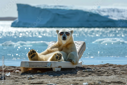 A polar bear in sunglasses sits in a sun lounger on the beach against backdrop of sea with a large ice floe. Unusual setting. Blurred background. Generative AI