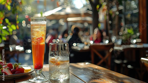  A glass of orange juice sits on the table with a plate of strawberries in front of it