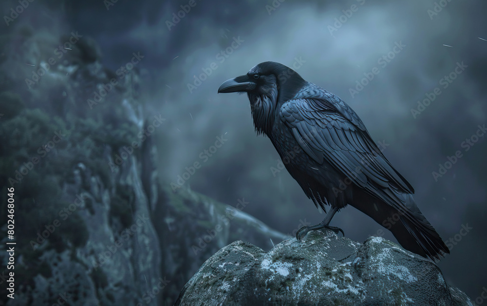 Fototapeta premium Dark Fantasy Raven Perched on Gothic Rock symbol of darkness and mystery