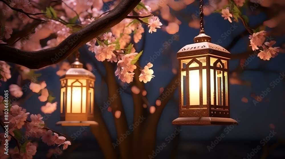 Obraz premium Lanterns in the night garden with cherry blossoms.