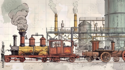 A simple drawing of how machines, factories, and steam changed the way we lived and worked during the Industrial Revolution. photo