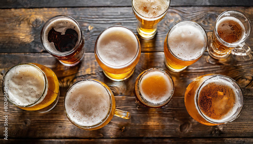 Assorted lager glasses  full and frothy  arranged on a pub table  symbolizing conviviality and choice