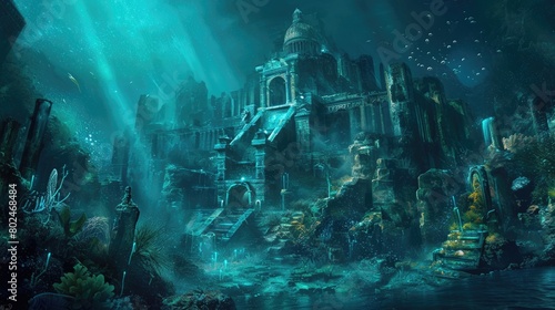 An underwater city with bioluminescent coral, schools of colorful fish, and ancient ruins, all illuminated by the eerie glow of an underwater volcano. Resplendent.