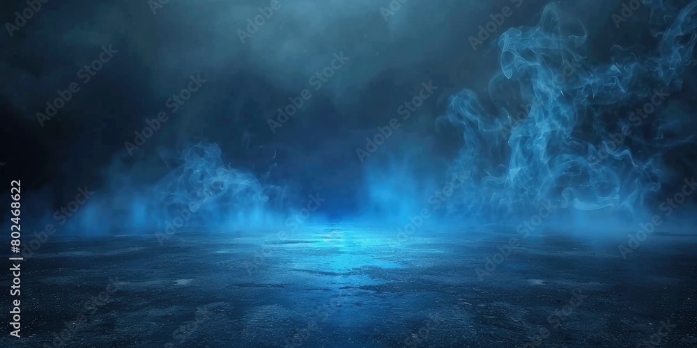 Dark background with blue glowing light and smoke on the asphalt floor