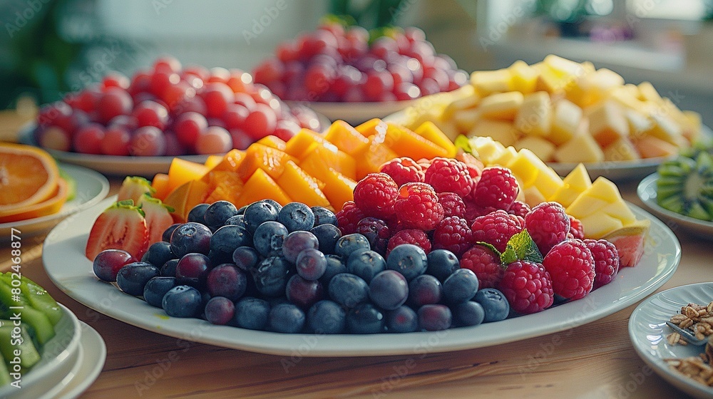 A close-up of a fruit platter featuring grapes, oranges, raspberries, and more A close-up of a fruit platter featuring grapes, oranges, raspberries, and more