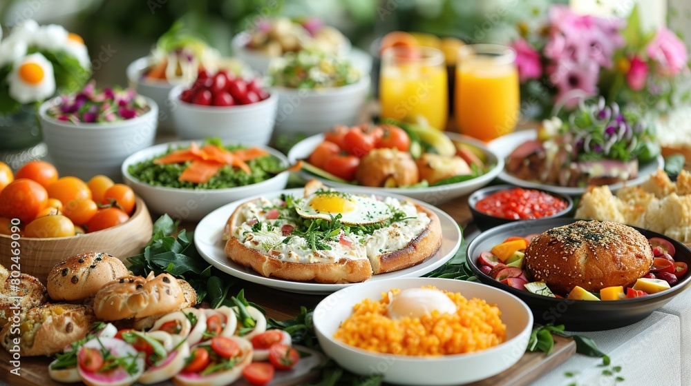   A plate topped with food, a bowl of fruit, an orange bowl and glass, and a glass of orange juice