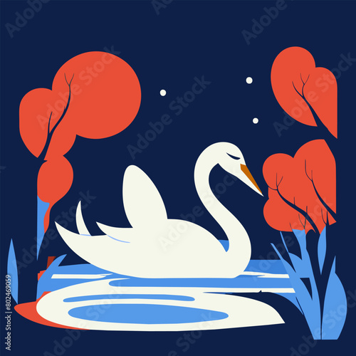 a fairy tale about a bright swan floating on a blue lake, vector illustration flat 2