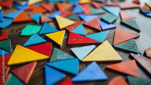 A detailed view of multicolored pieces of fractions laid out on a table  used as math materials for geometry and educational lessons