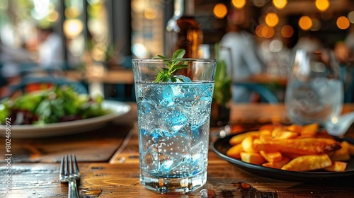  A glass of water sits atop a wooden table beside a salad and another glass of water