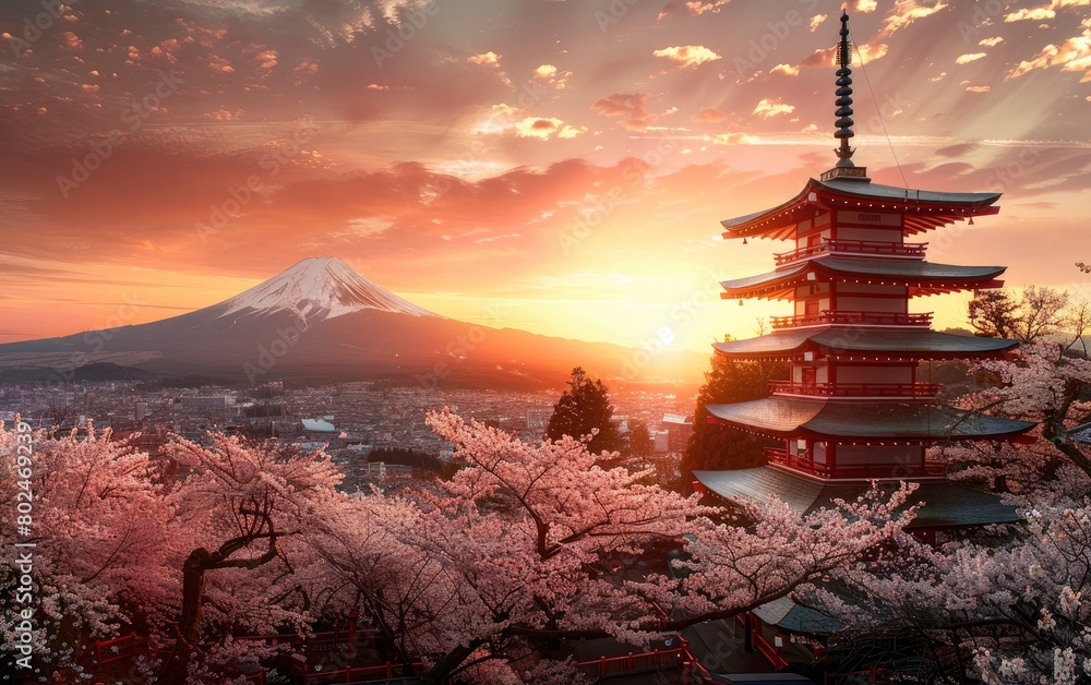 temple of japan at sunrise with cherry blossoms, colorful, vibrant sun light  with mountain in distance